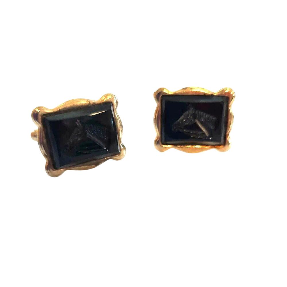Vintage Cufflinks Equestrian Theme Horse Heads Carved In Black Stone Cuff Links